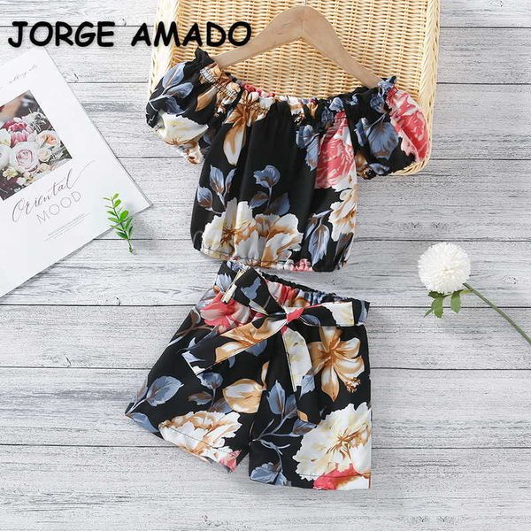 Summer Kids Girls 2-PCS Conjuntos Hombro Mangas cortas Camiseta + Pantalones cortos de cintura alta con arco Niños Ropa casual E277 210610