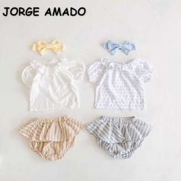 Conjuntos de 3 piezas de verano para niños y niñas, camisetas de manga corta con puntos, pantalones cortos a rayas y tocados, ropa de estilo bonito para niños E6069 210610