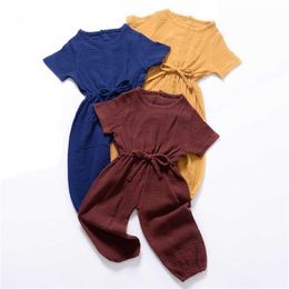 Été enfants filles vêtements ensembles lin coton sans manches couleur unie combinaison vêtements tenues enfants costumes 220620