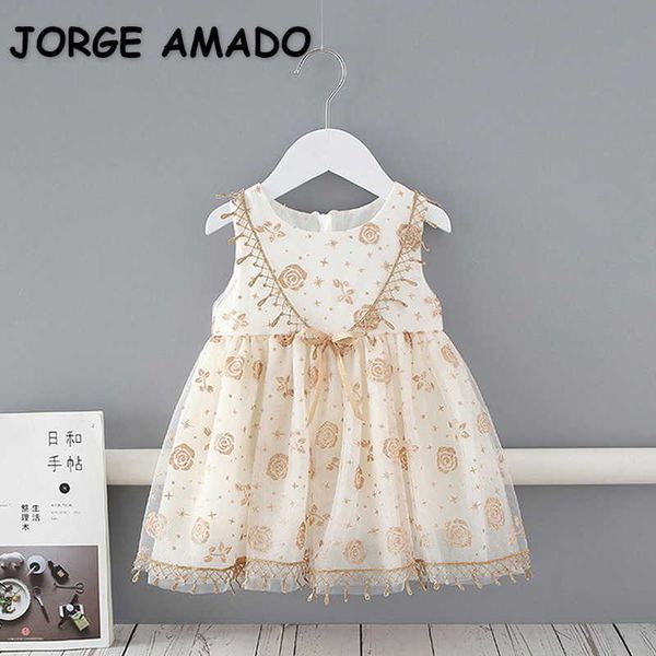 Verano niños niñas vestidos flores doradas chaleco sin mangas malla princesa bebé dulce estilo ropa E9252 210610