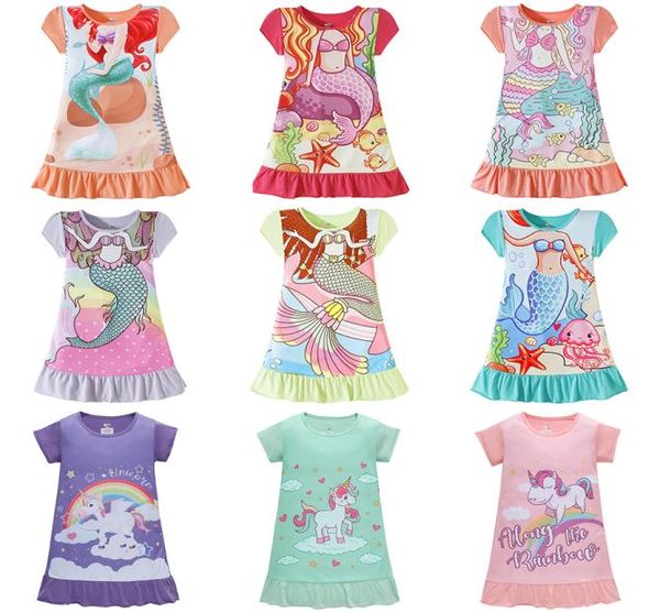 Été enfants filles pyjamas robe coton dessin animé chemises de nuit enfants sirène cheval vêtements de nuit vêtements de maison robes 4pcsset M16016125952