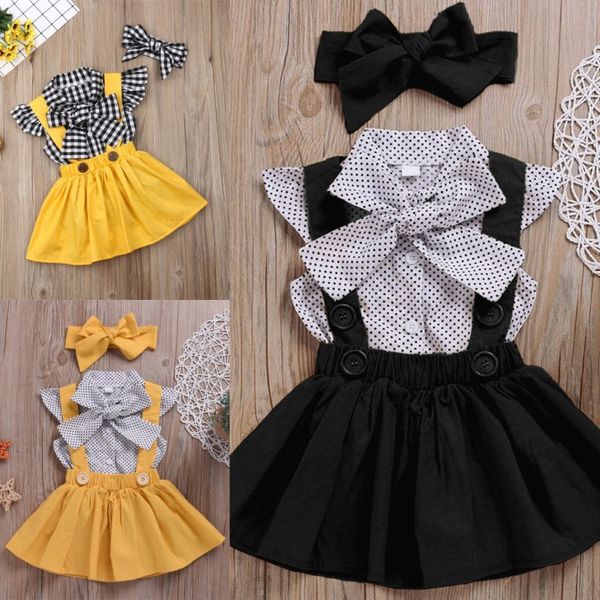 Conjuntos de ropa para niños de verano Recién nacido Baby Girl Plaid Bow T Shirt Botón Suspender Falda Diadema Trajes 2pcs Conjunto de ropa Conjunto de niña pequeña 2314 V2