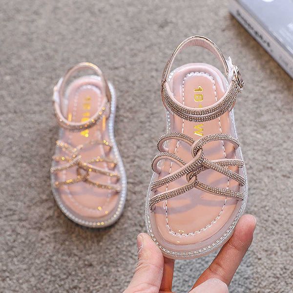 Summer Kids Princess Children Brand Rinestone Baby Little Girls Beach Silver Robe Shoes Fashion Sandales 0202