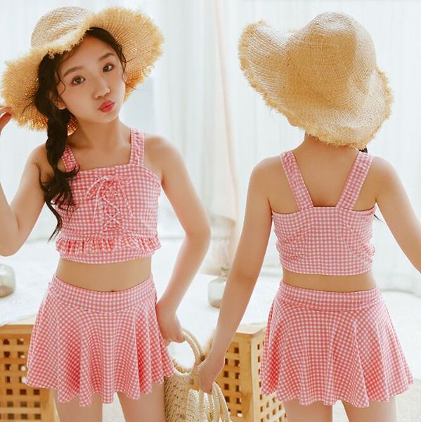 Summer Kids Printing Swimsuit For Girls Fashion Baby Plaid Swimwear Macaron Color Sweet Bathing Full
