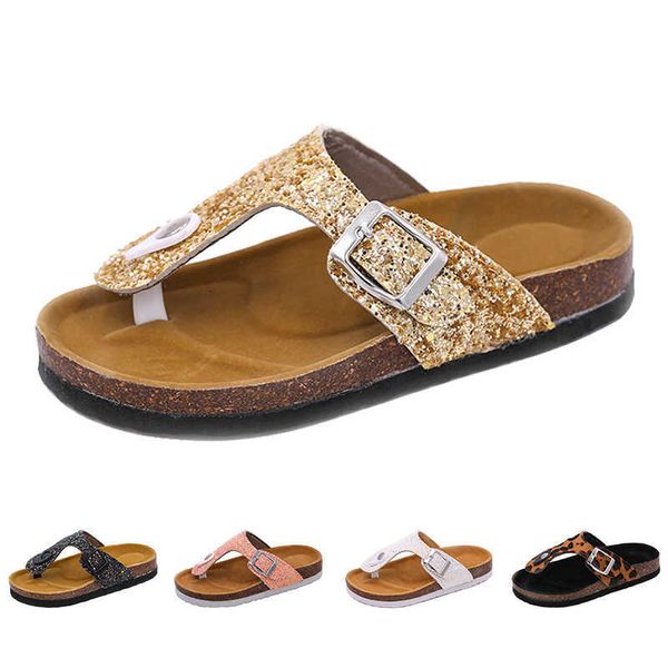 Été enfants pantoufles mode confortable imprimé léopard filles tongs Bling paillettes liège pour enfants chaussures aux pieds nus 210712