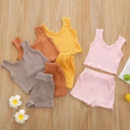 Zomer Kinderen Solid kleding Sets Kinderen Mouwloos vest Top Shorts Tweedelige set Peuter gebreide outfits