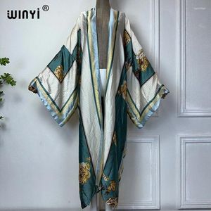 Summer Kimono Boho Print Beach Wear Women Swim Fissure Elegant African Cardigan Sexy Holiday Silk Feeling Dress