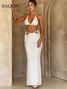 Crochet en tricot en été 2 pièces Lacet Up Halter Crop Top et Maxi Jirt Matching Co Ords Tenues Y2K Clothes Party Elegant 240401