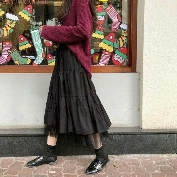 Été corée noir blanc longue jupe Streetwear femmes élastique taille haute maille Tutu jupes plissées femme 210607