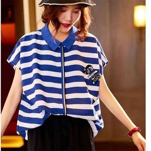 Zomer Korea Fashion Women Batwing Sleeve losse shirts All-matched Casual Turn Down Collar Chiffon Striped Blouse Plus Size M86 210512