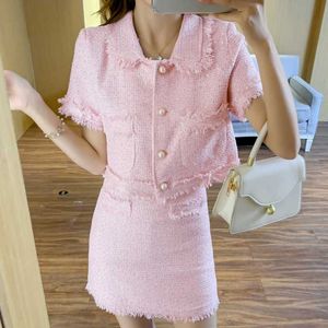 Zomer Korea Mode Vrouwen Twee Stuk Sets Elegante Mode Tweed Peter Pan Collar Korte Mouw Tops + Mini Rok Suit 210531