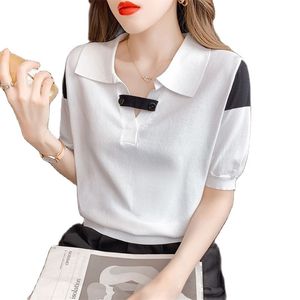 Été coréen chic pull en soie de glace mince haut à manches courtes lâche col polo t-shirt vêtements pour femmes 210520