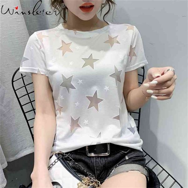 Été coréen vêtements coton T-Shirt fille Sexy col rond étoiles transparentes haut pour femme à manches courtes tout Match t-shirts T12816A 210421