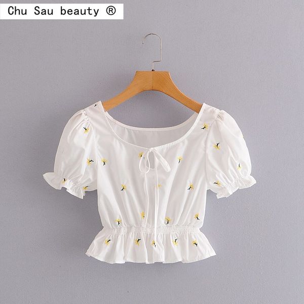 Summer Korean College Style Vintage Girl Chic Exquis Col Carré Broderie Floral Puff Manches Slim Taille Crop Tops Femme 210508