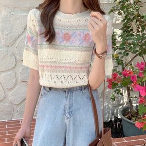 Summer Korean Design Fresh Hollow Out Short Knit T-shirts pour femmes Sweet Kawaii Fresh Thin Sweater Casual Tees Femme Tops 210525