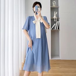 Summer Korean Fashion Chiffon Maternity Dress elegante ropa suelta dulce para mujeres embarazadas INS Ruffle Bow Embarazo Ropa 240319