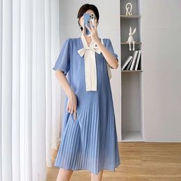 Summer Korean Fashion Chiffon Maternity Dress elegante ropa suelta dulce para mujeres embarazadas INS Ruffle Bow Embarazo Clothing L2405