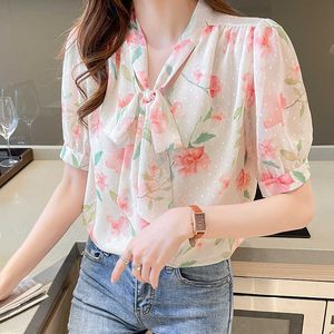 Zomer Koreaanse Mode Chiffon Vrouw Shirts Satijn Office Dame Bow Korte Mouw Shirt Plus Size XXL Blue Ladies Tops Blouse 210531