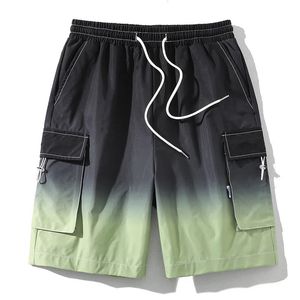 Zomer Koreaanse mode-ombre Drawstring-vrachtshort voor mannen Losse rechte multi-pocket korte broek Casual Gym Pantalones Cortos 240409