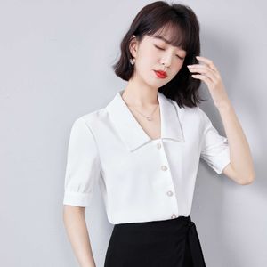 Été coréen mode Satin boutonné chemise pour femmes col rabattu bureau dame blanc Blouse grande taille XXXL 210531