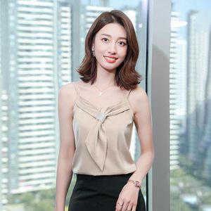 Zomer Koreaanse Mode Satijnen Kant Vrouwen Halter Solid Office Lady Camis Losse Spaghetti Tank Top