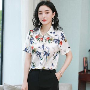 Été coréen mode satin femme chemises bureau dame à manches courtes chemise boutonnée plus taille XXL blanc dames hauts chemisier 210531