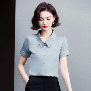 Été coréen mode satin femmes chemises col rabattu bureau dame bouton chemisier plus taille xxxl manches courtes dames hauts 210531