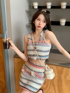 Zomer Koreaanse mode sexy tweed Stripe 2 -stuks set voor vrouwen korte camisole crop top aline rok twee outfits 240412