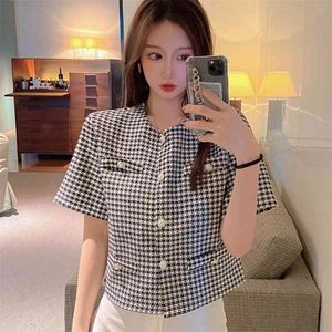 Zomer Koreaanse Mode Korte Mouw Plaid Vrouw Jas Vintage Temperament Elegant Office Lady Single-Breasted Chic Top 210519