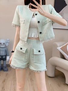 Zomer Koreaanse mode Tweed Tweed Tweed set voor vrouwen kleine geur geur korte mouw Cardigan crop top shorts sets pakken 240516