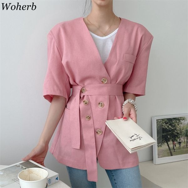 Verano coreano moda mujer chaqueta de manga corta con cuello en V vendaje Tops abrigo rosa Casual sólido señoras prendas de vestir 210519