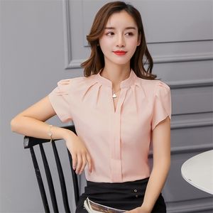 Zomer Koreaanse mode dames en chiffon vrouwen blouses korte mouw witte kantoor dame shirts dames tops 220707