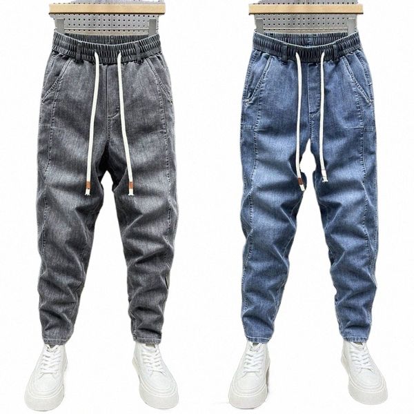 Summer Korean Luxury Vêtements Light Blue Youth Men's Light Blue Jeans Taille élastique Casual Denim JEANS Slim Fit Pantacourt h8gj #