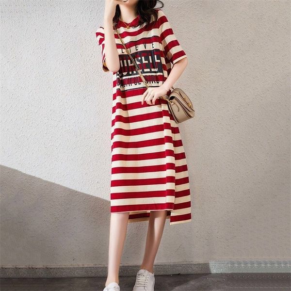 Été coréen longueur moyenne lâche et mince rayé imprimé t-shirt robe femmes étudiant col rond robe de fée 220613