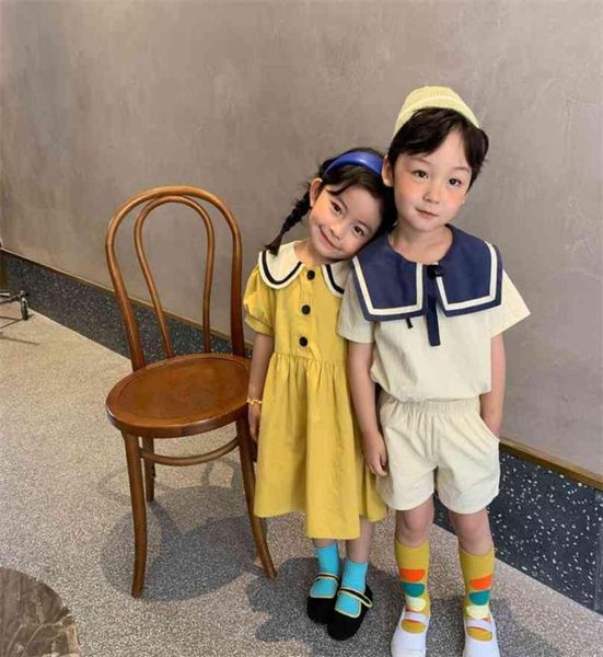 Summer de style coréen Brother et soeurs Vêtements de coton Lin de coton Sailor Collier de mode Vêtements Fashion Robe 2108045605243