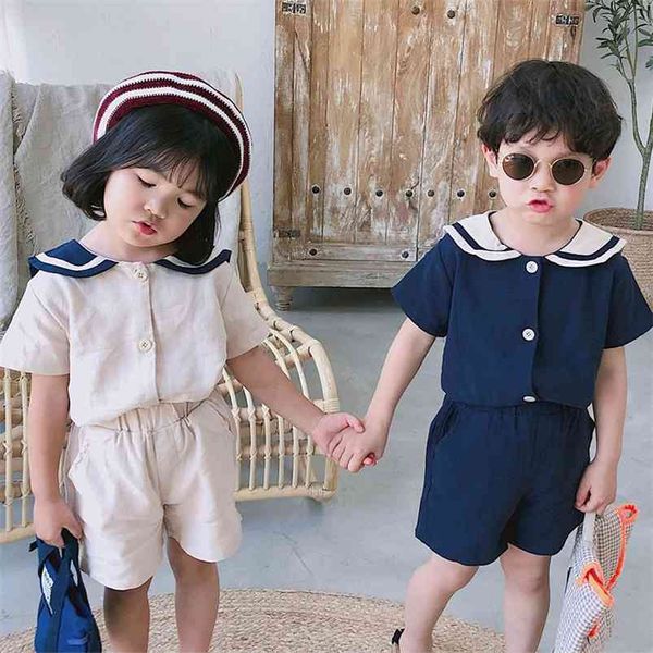 Conjuntos de ropa de lino y algodón con cuello de marinero para niños de estilo coreano de verano, camiseta de manga corta para niños y niñas + Pantalones cortos, trajes de 2 uds 210625