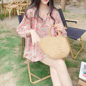 Été Style coréen maternité coton lin chemises bouton mouche demi manches Oneck femme enceinte Blouses florales vêtements de grossesse 240102