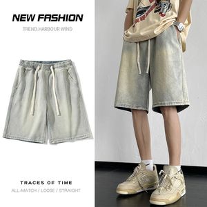 Zomer Koreaanse stijl Mens Denim Shorts Losse rechte wideleg elastische taille baggy korte jeans mannelijke merkkleding 240520