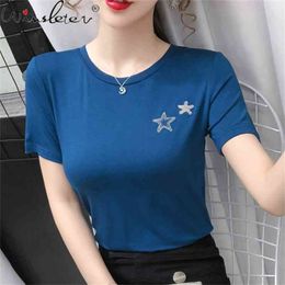 Zomer Koreaanse stijl Modal Katoen Korte T-shirt Sexy Effen Geborduurde Sterren Vrouwen Tops Mouw Alle match Tees T13026A 210421