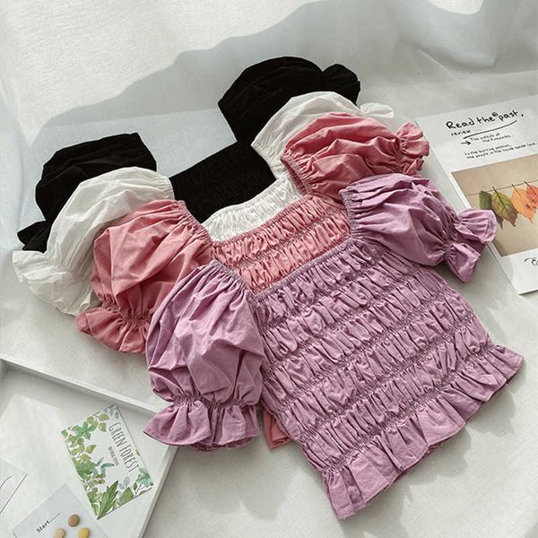 Été coréen style bouffée manches bébé filles princesse blouses couleur pure mignon bambins enfants hauts enfants chemises plissées 210615