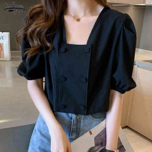 Zomer Koreaanse stijl Puff Sheeve Blouses Vrouwen Elegante Vierkante Kraag Kantoor Dame Tops Kleding Blusas Mujer de Moda 10086 210427