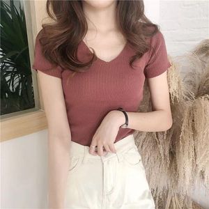 T-shirt r￩tro de style cor￩en d'￩t￩ pour les femmes mode Vintage V-Neck ￠ manches courtes T-shirt femme mince couleur solide T-shirts