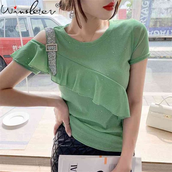 Summer Korean Style T-shirt Mode Sexy Volants Hors Épaule Brillant Diamant Chaîne Femmes Tops Casual Tous Match Tees T14709A 210421