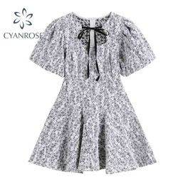 Zomer Koreaanse Sweet Floral Print Jurken Dames Trendy Bow Lace Up Vintage Jurk Dame Chic Lantern Short Mouw Kleding Casual 210515