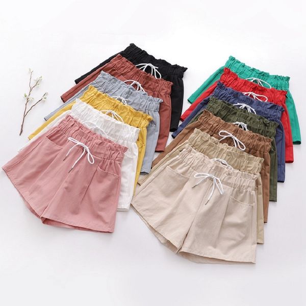 Pantalones cortos informales de cintura alta elásticos multicolores con brotes de flores dulces coreanos de verano, pantalones cortos holgados con cordón y pierna ancha para mujer 210420