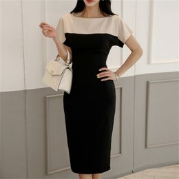 Zomer Koreaanse versie van de temperament ronde hals korte mouw hit kleur taille was dunne pakket hip jurk 210416