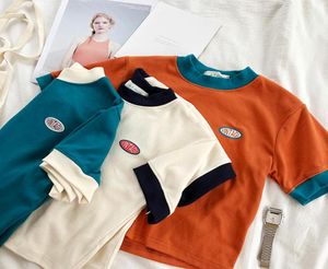 Zomer Koreaanse Vrouwen Katoen Crop Tops Ringer Tee Korte Mouw Vintage T-shirt Vrouwelijke Blauw Wit Oranje Tshirt4968362