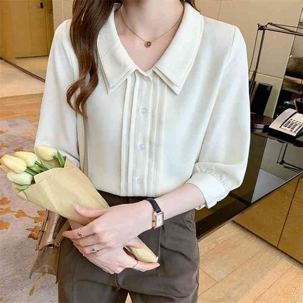 Été coréen femmes chemises femme à manches courtes Blouse en mousseline de soie bureau dame hauts blancs grande taille XXL 210531