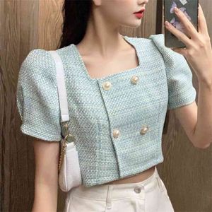 Zomer Koreaanse vrouwen tweed jas jas dubbele breasted mode vintage bovenkleding crop top korte wollen jassen 210514