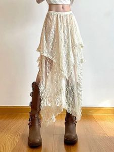 Falda asimétrica de encaje de verano Fairycore Women Vintage Y2K Boho Moda Estética Media Mid Skirts Holiday Fatfits 240420